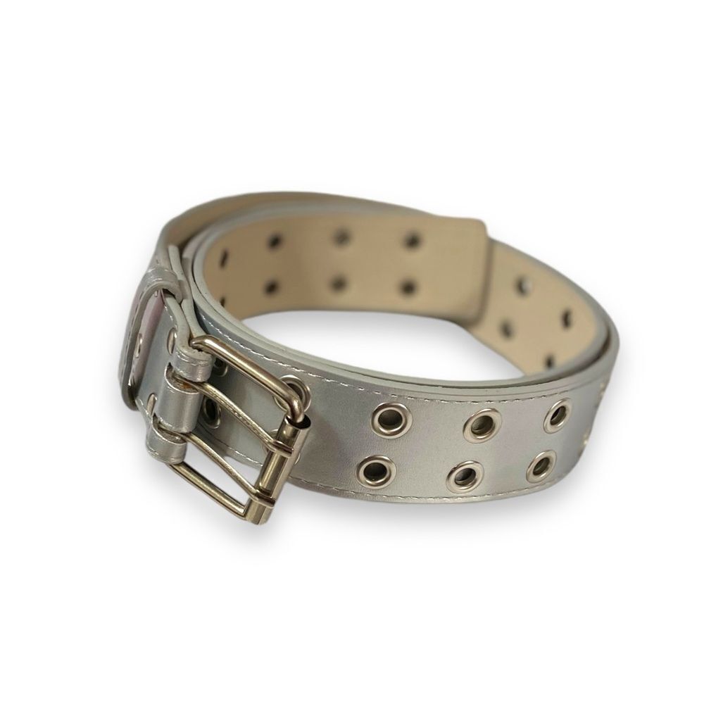 Metallic Silver Grommet Square Buckle Waist Belt - NEW